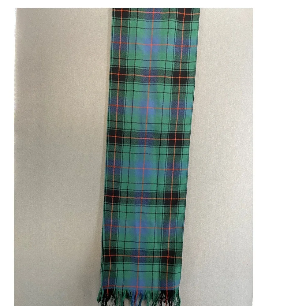 Lochcarron Scotland Scarf Green Blue Orange Tartan Plaid 100% Pure Wool Fringe